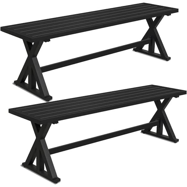 OUPES 2-Piece 61.2 in. Black Outdoor Patio Metal Slatted X-Leg Dining Benches