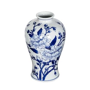 Curved Porcelain Magnolia Vase in Blue and White Color