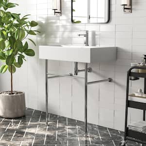 30 in. L Ceramic Rectangular Vessel Sink Bathroom Console Sink in Glossy White with Overflow and Silver Legs