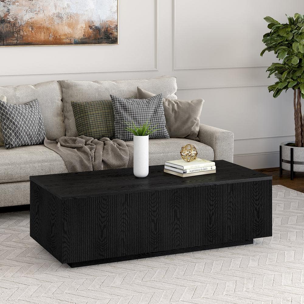 Black Grain Rectangular Wood-Look Coffee Table with Ribbed Base