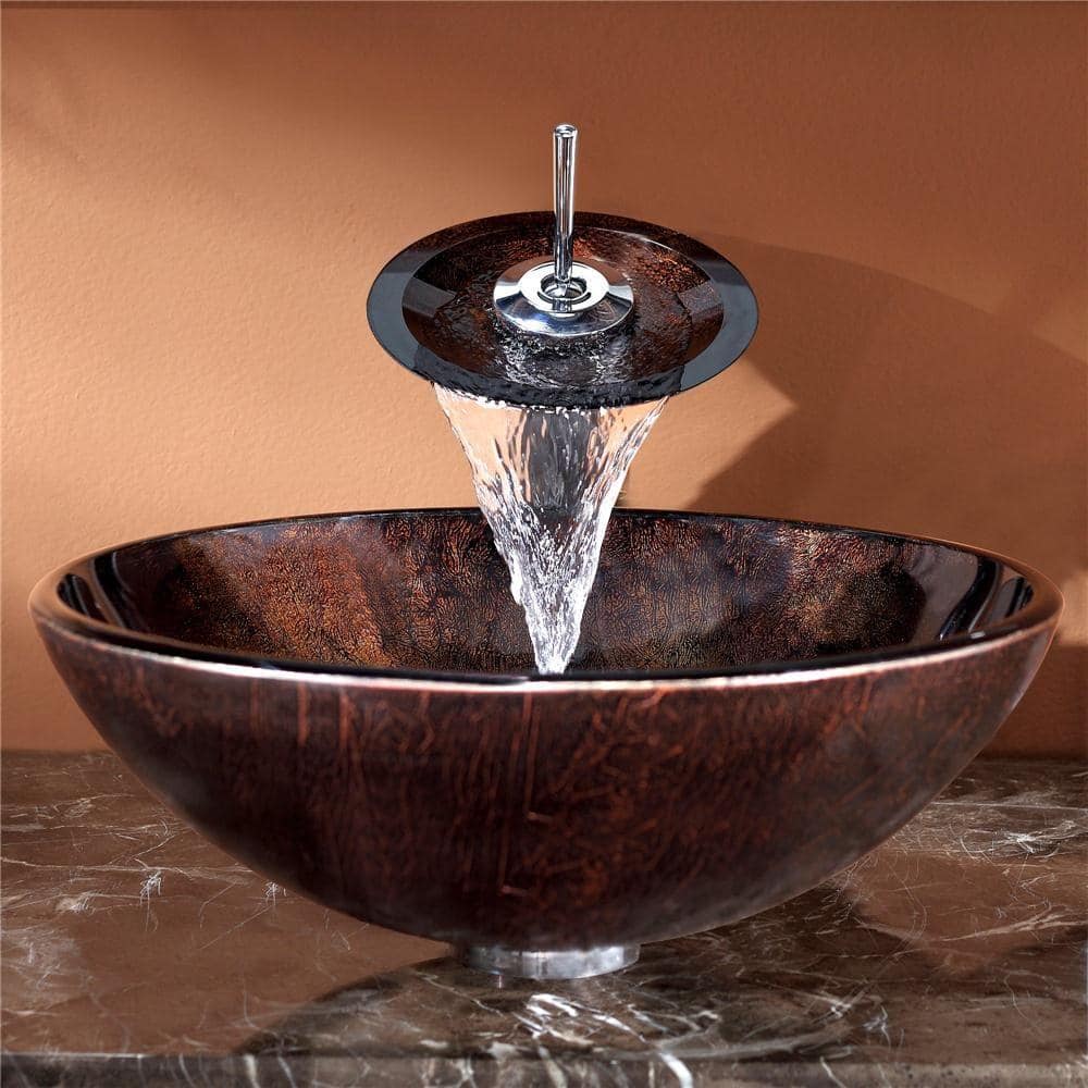 Copper Glass Round Vessel Bathroom Sink, 17 inch