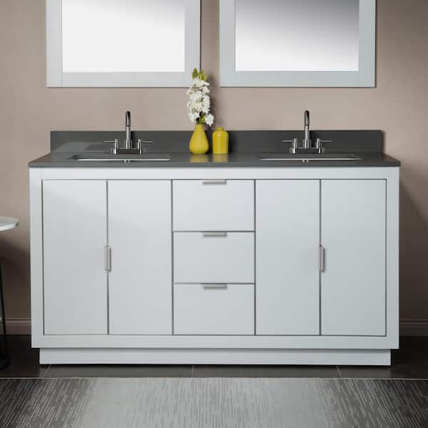WOODBRIDGE Venice 61 in. W x 22 in. D x 38 in. H Bath Vanity in White with Engineered stone Vanity Top in Dark Gray with White Sink