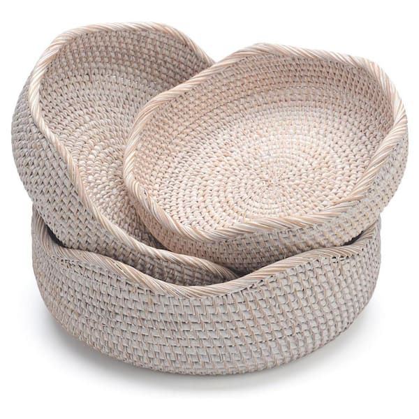 White Rattan Round Fruit Baskets, Wicker Storage Bowls for Kitchen Counter Organizing, Set of 3