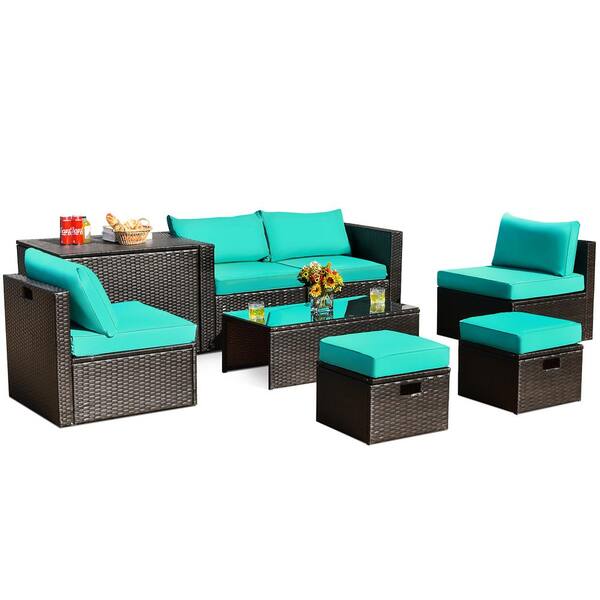 Gymax 8-Piece Patio Rattan PE Wicker Conversation Set All-Weather Furniture Set with Cushions Turquoise