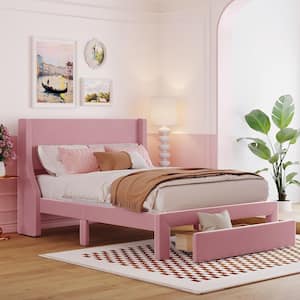 Pink Wood Frame Full Size Velvet Upholstered Platform Bed with a Big Drawer