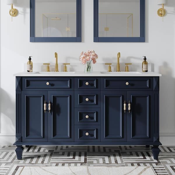 60 in. Solid Wood Bathroom Vanity With Double Sinks and 4 Drawers, Soft-Close Doors, Carrara White Quartz Top, Navy Blue