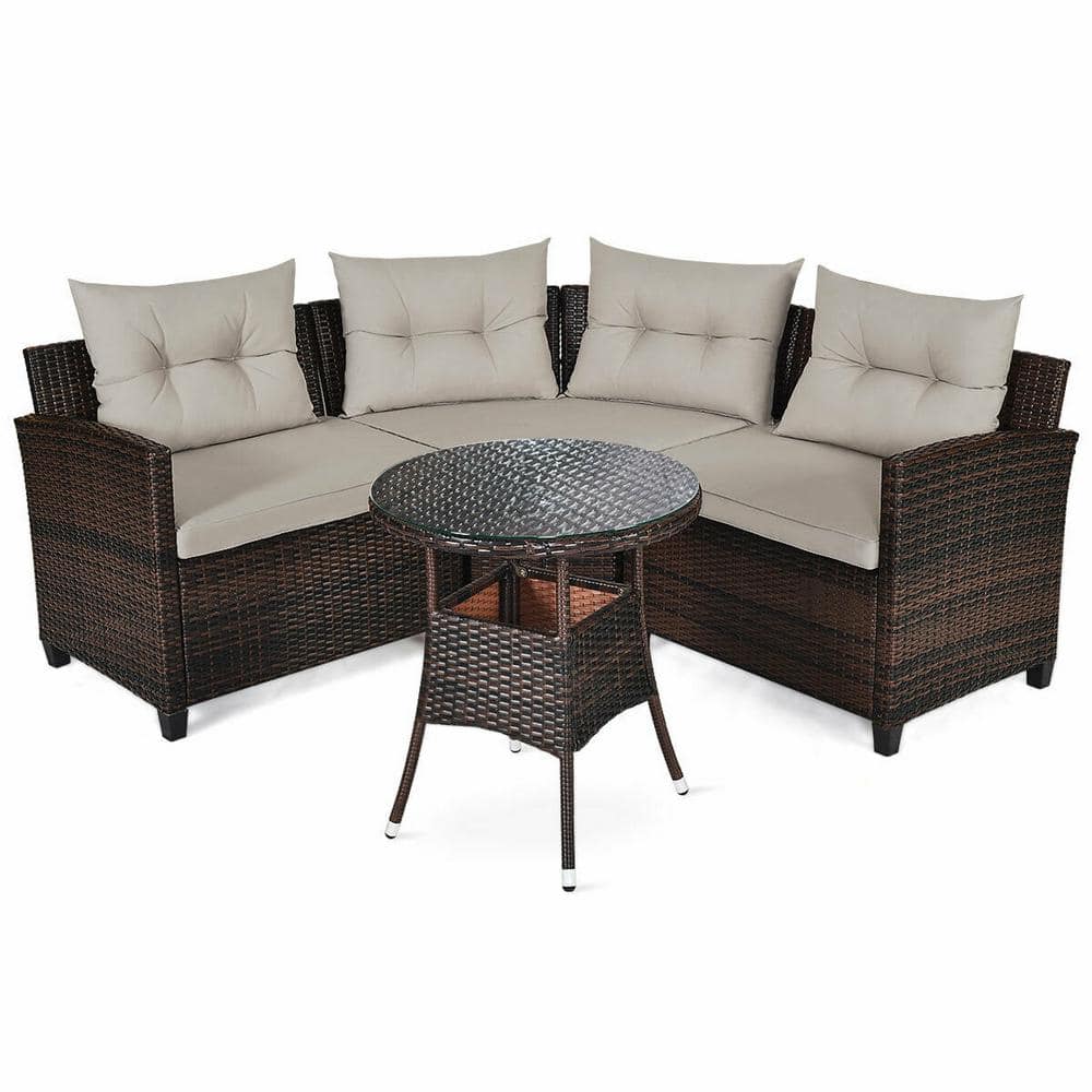 Gymax 4Pieces Rattan Patio Furniture Set Outdoor Sectional with