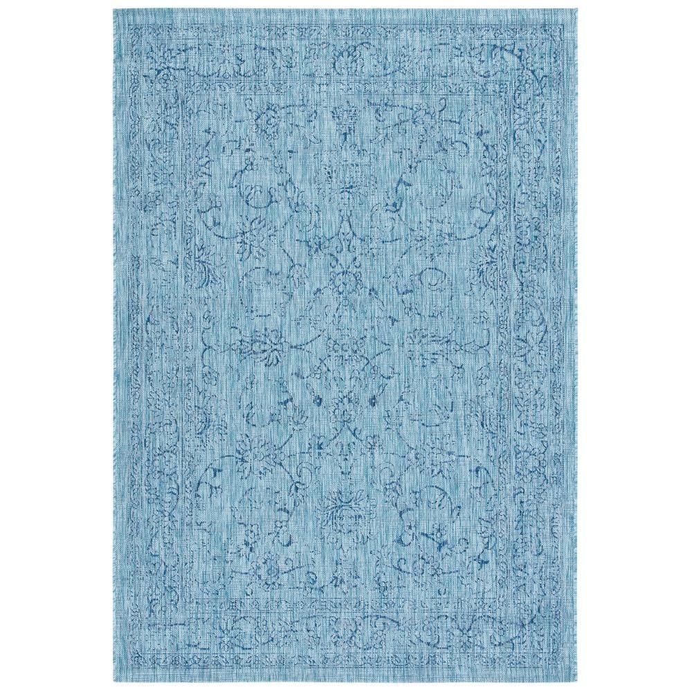 Aqua and Navy Botanical Non-slip Indoor/Outdoor Area Rug