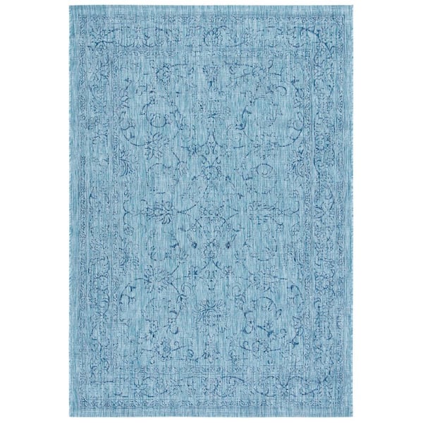Courtyard Aqua/Navy 8 ft. x 10 ft. Border Floral Scroll Indoor/Outdoor Patio  Area Rug