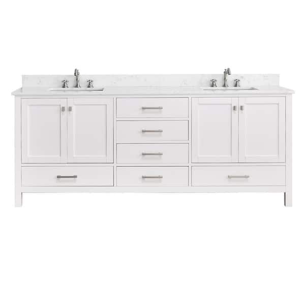 YASINU Bath Mist 84 in. W. Double Sink Freestanding Bath Vanity in White with White Engineered Top