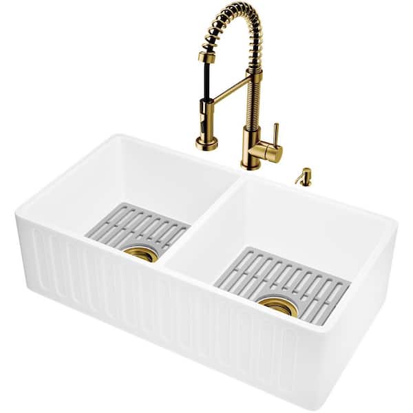 Vigo Matte Stone White Composite 33 In Double Bowl Slotted Farmhouse Kitchen Sink With Faucet In Matte Gold And Accessories Vg84038 The Home Depot