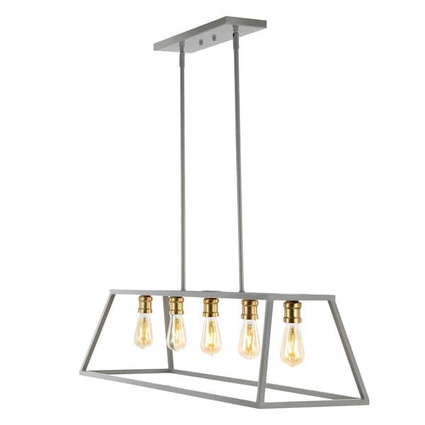 Floyd 38 in. 5-Light Grey Bohemian Farmhouse Iron Adjustable LED Pendant, Brass Gold