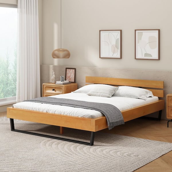 Celeste Industrial Brown Natural Finish Wood Frame Queen Size Platform Bed with Headboard, Black Metal Legs