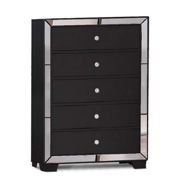 Benjara Black 5-Drawer Deluxe Wooden Tall Dresser Chest with Mirrored Trim