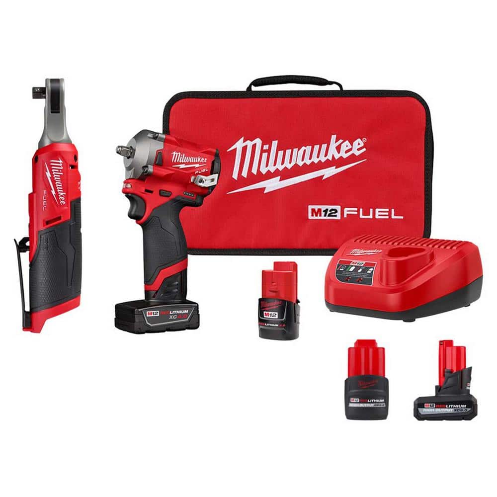 balkon Konsultere træner Milwaukee M12 FUEL 12V Lithium-Ion Brushless Cordless 3/8 in. Impact Wrench  Kit & 3/8 in. Ratchet w/5.0 Ah & 2.5 Ah Batteries  2554-22-2567-20-48-11-2450-48-11-2425 - The Home Depot