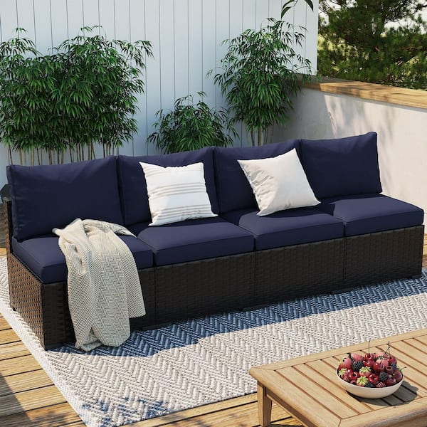 Black 4-Piece Wicker Rattan Patio Conversation Outdoor Sectional Set with Blue Cushions