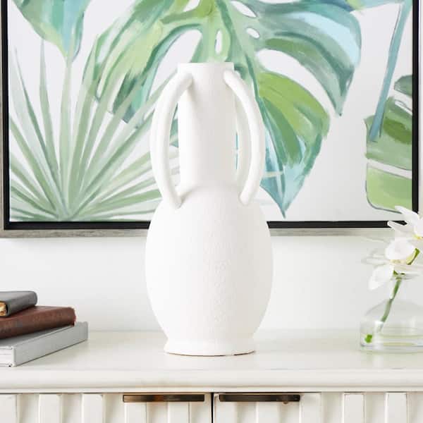 Litton Lane 15 in. Cream Textured Ceramic Decorative Vase with 4 Handles
