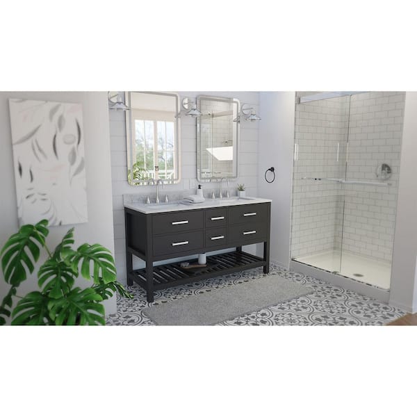 Valencia 60 in. W x 22 in. D x 34 in . H Birch and Oak Console Vanity with Oval Undermount Sinks - Black with White Top