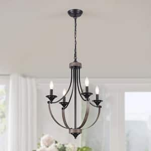 4-Light Black and Wood Grain Candle Design Hanging Linear Chandelier Lighting for Dining Room Kitchen Island