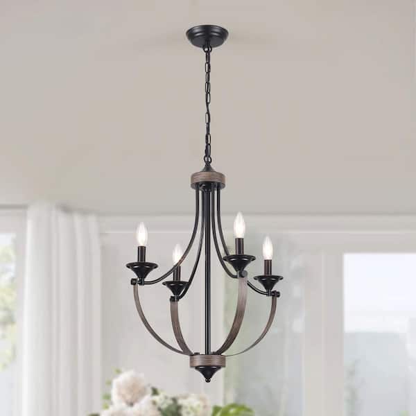 ZJVAIVE 4-Light Black and Wood Grain Candle Design Hanging Linear Chandelier Lighting for Dining Room Kitchen Island