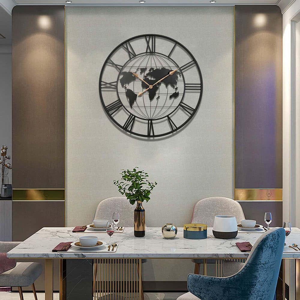 36 in. Black Metal Minimalist Modern Wall Clock Modern Silent World Map Wal