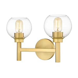 Sutton 15.75 in. 2-Light Brushed Gold Vanity-Light with Glass Shade