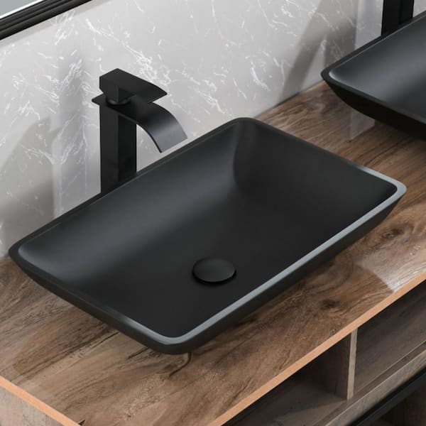 TOOLKISS Glass Rectangular Vessel Sink in Matte Black with Faucet and Pop-Up Drain