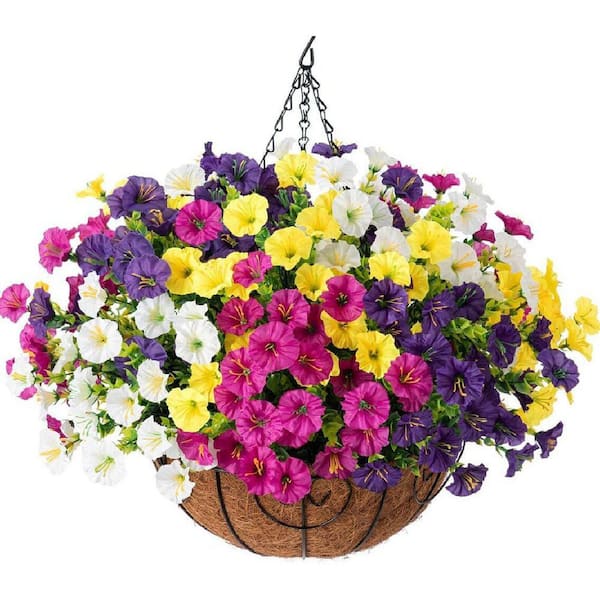 Unbranded 15 in. Multi-Colored Fake Plant Hanging Flowers with Basket, Artificial Outdoor Decor Fake Hanging Plants