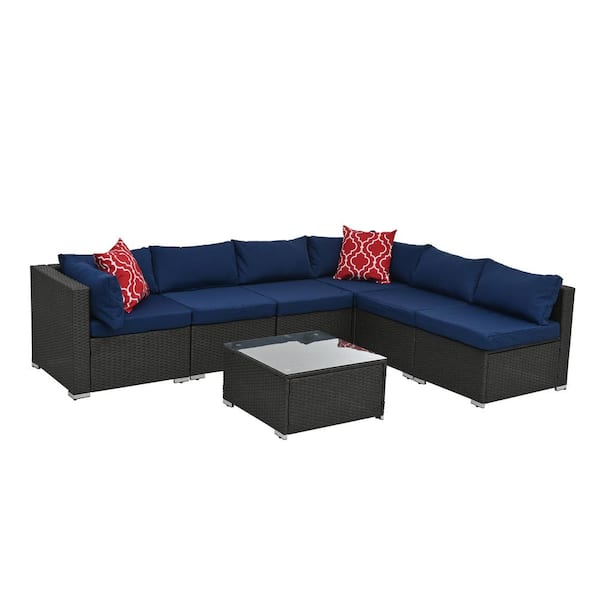 Unbranded Patio Furniture, Dark Gray 7-Piece Outdoor Wicker Patio Conversation Set with Blue Cushions and Glass Coffee Table