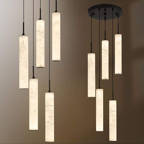Home Light 50-Watt 5 Lights Black Dimmable Integrated LED Pendant Light With Alabaster Shade, 1Pack