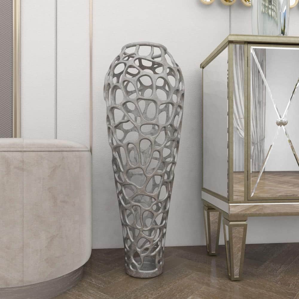 Elegant Silver Coral Aluminum Floor Vase 12" x 33"