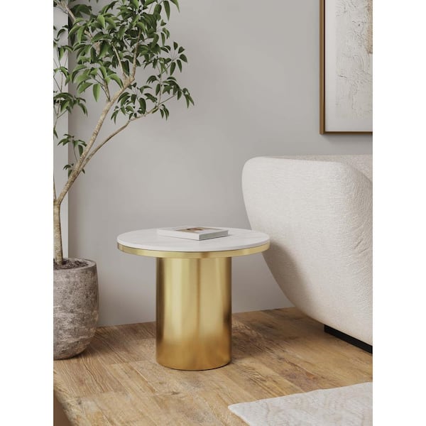 Glenn 19.68 in. Modern Gold Round Sintered Stone Top End Table