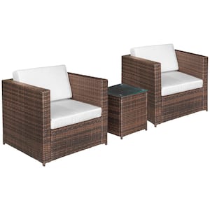 3-Piece Patio Wicker Outdoor Bistro Set with white Cushions