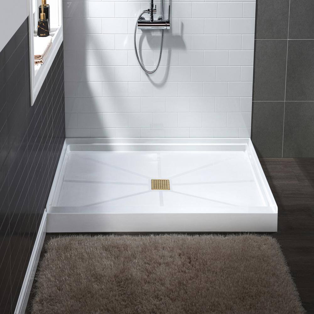 36" White Solid Surface Shower Pan Base with Brushed Gold Drain Cover