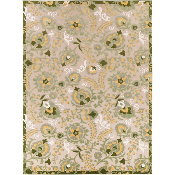 Aloha Ivory Green 8 ft. x 11 ft. Floral Contemporary Indoor/Outdoor Area Rug