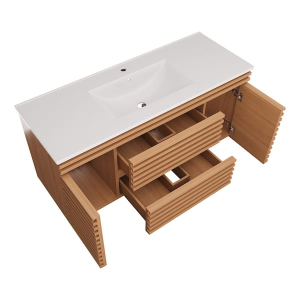 48 in. Single Sink Wall Mounted Natural Walnut Bath Vanity with White Ceramic Top Full Assembled, Soft-Close