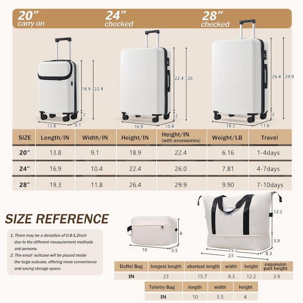 Polibi 5-Piece White ABS Hardside Luggage Set with Bags, USB Port