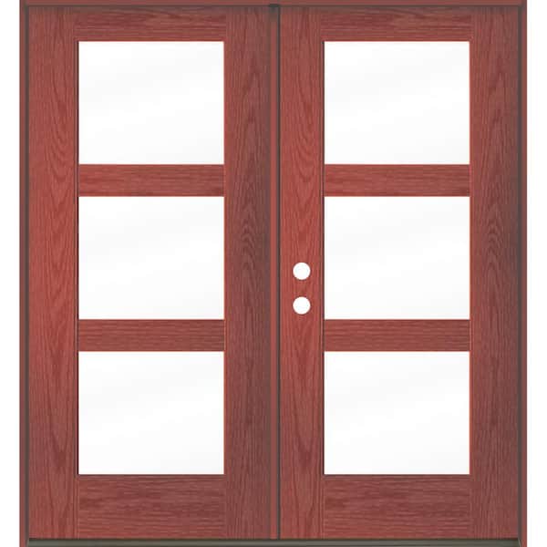 Krosswood Doors Modern 72 in. x 80 in. 3-Lite Right-Active/Inswing Clear Glass Redwood Stain Double Fiberglass Prehung Front Door