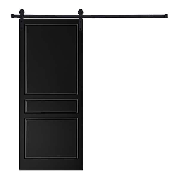 AIOPOP HOME Modern 3-Panel Traditional Designed 80 in. x 24 in. MDF Panel Black Painted Sliding Barn Door with Hardware Kit