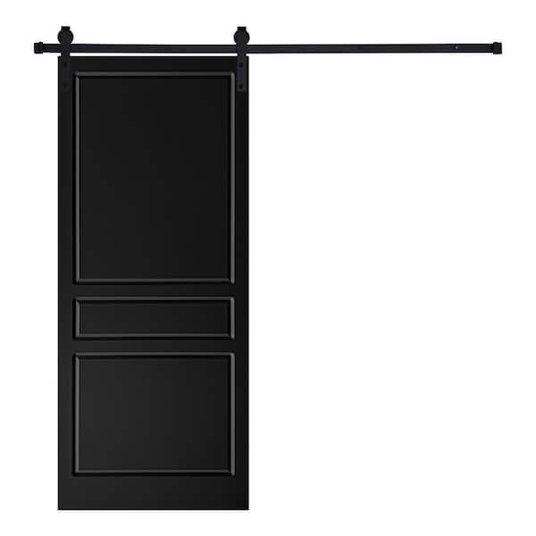 AIOPOP HOME Modern 3-Panel Traditional Designed 96 in. x 36 in. MDF Panel Black Painted Sliding Barn Door with Hardware Kit