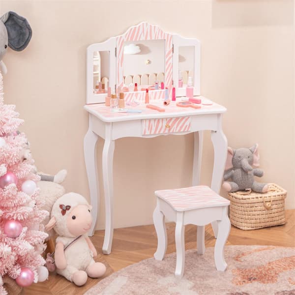 HONEY JOY 2-Piece Wood Top Pink Kids Vanity Table and Chair Set Princess Makeup Dressing Table 2 In 1 Toddler Study Desk
