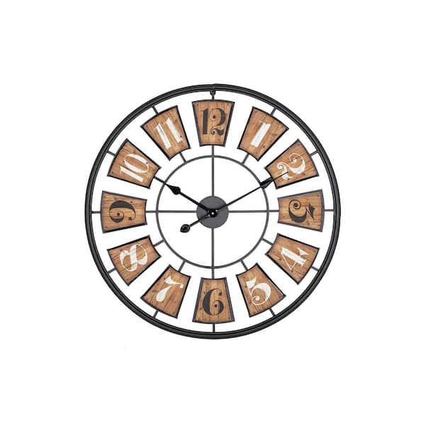 Utopia Alley 27 in. Metal Wall Clock with Black Frame and Wood Color Panels