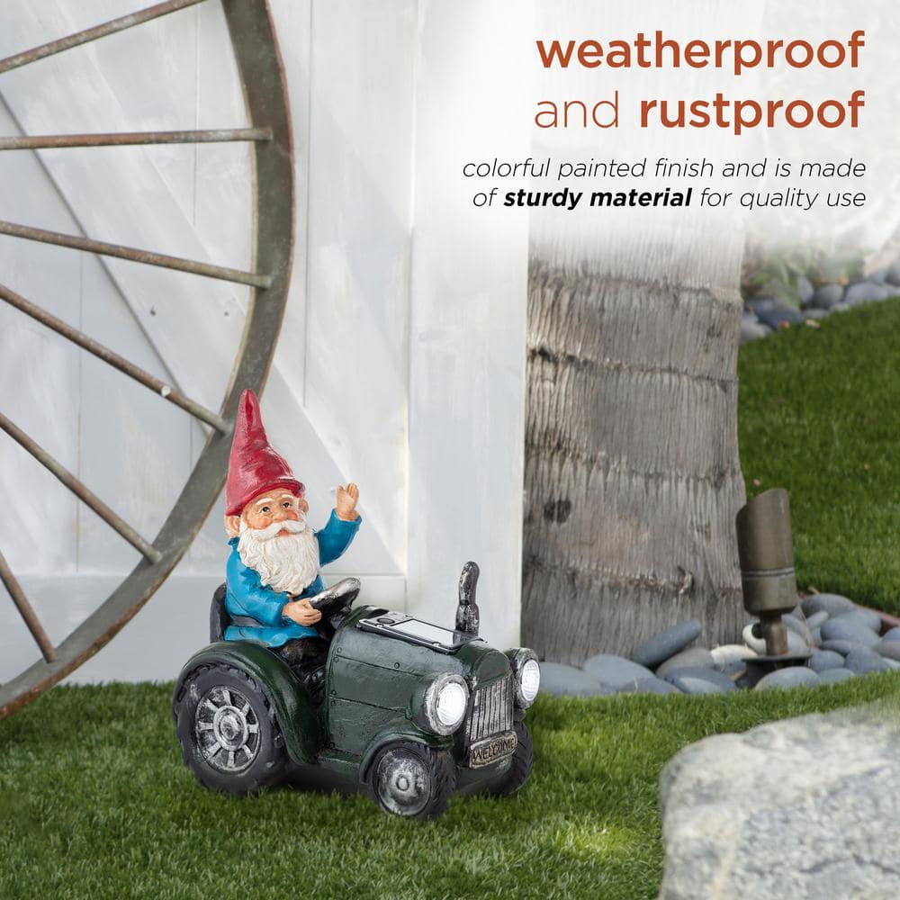 10" Green Polyresin Solar Gnome on Tractor with LED Lights