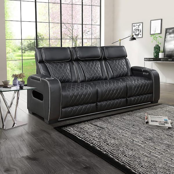 Clumber 84 in. W Pillow Top Arm Faux Leather Rectangle 3-Piece Power Double Reclining Sofa Set in Black