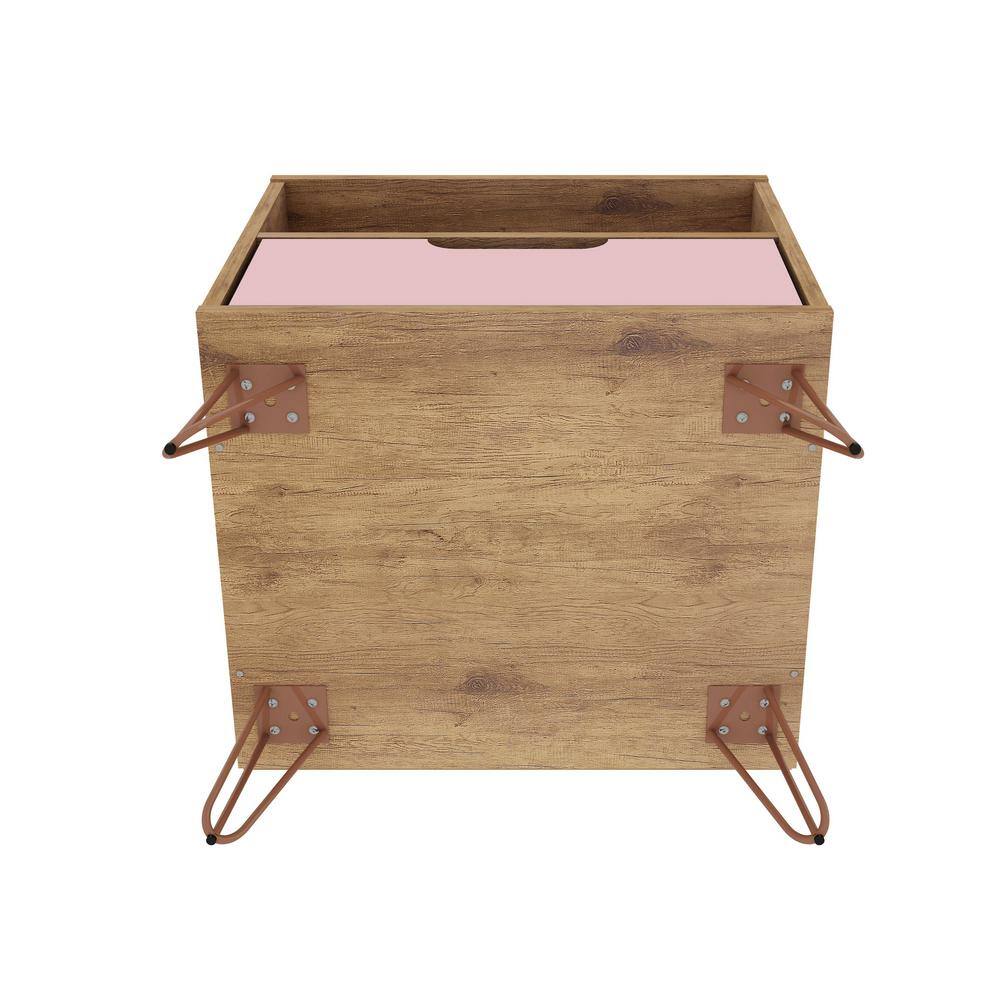 Mid-Century Modern Pink and Wood Nightstand with Hairpin Legs