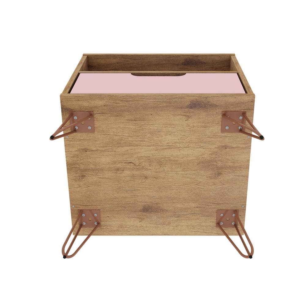 Mid-Century Rose Pink & Natural Nightstand with Metal Legs