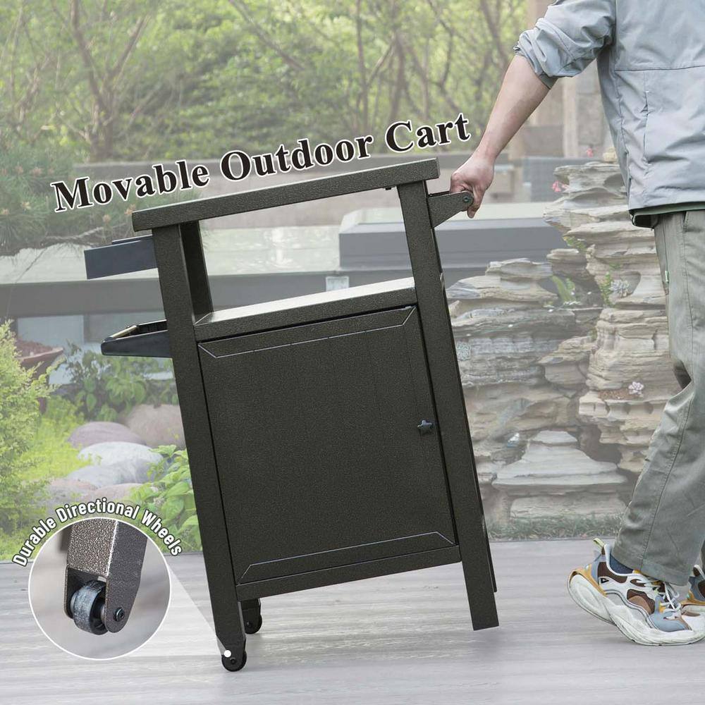 Brown Metal Outdoor Grill Cart with Storage and Wheels