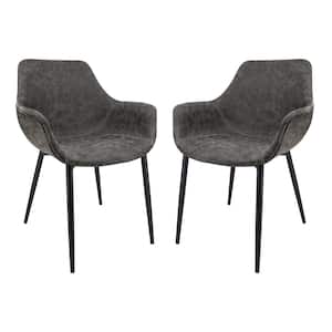 Markley Grey Modern Leather Dining Arm Chair with Black Metal Legs (Set of 2)