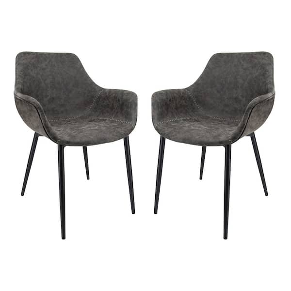Leisuremod Markley Grey Modern Leather Dining Arm Chair with Black Metal Legs (Set of 2)