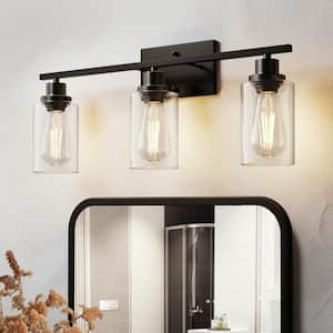 24 in. 3-Light Industrial Matte Black Vanity Light Fixtures for Bathroom with Clear Glass Shades